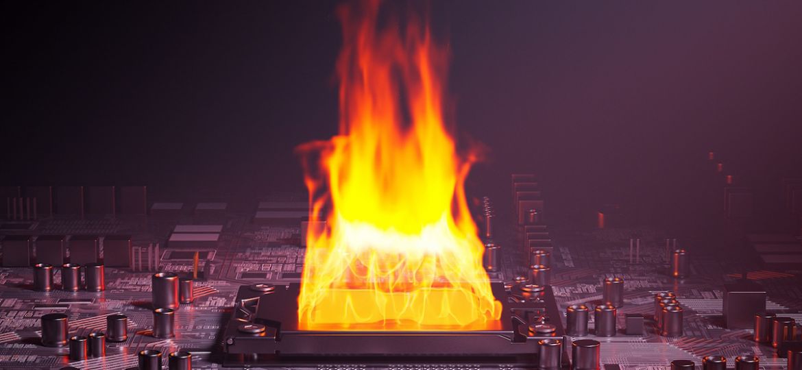 Overheating CPU. Fire burning on a hot processor. Bursting flames. Processing